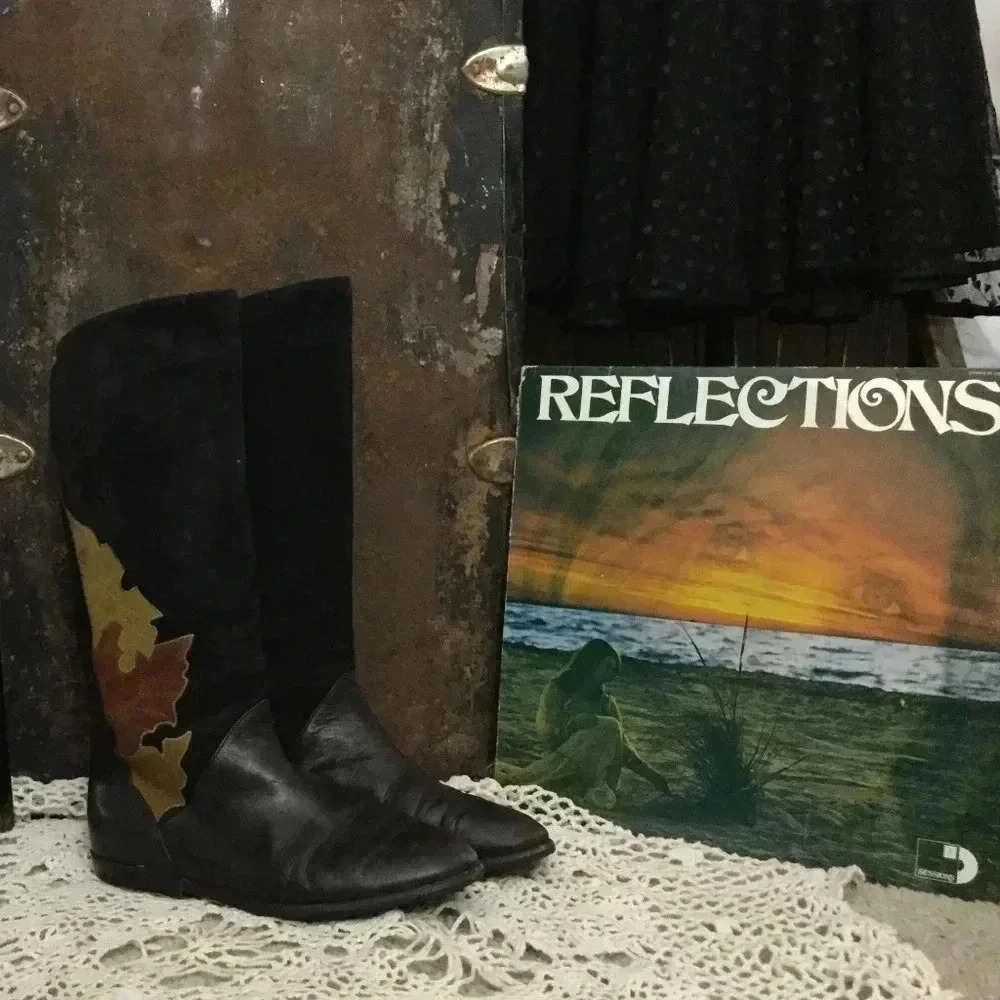 Vintage 70s Leather Suede Black Brown Boho Country Hippie 6 Knee High Flat Boots